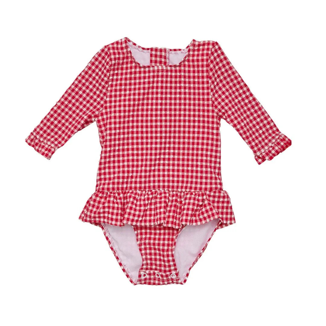 red gingham swimsuit for baby girl