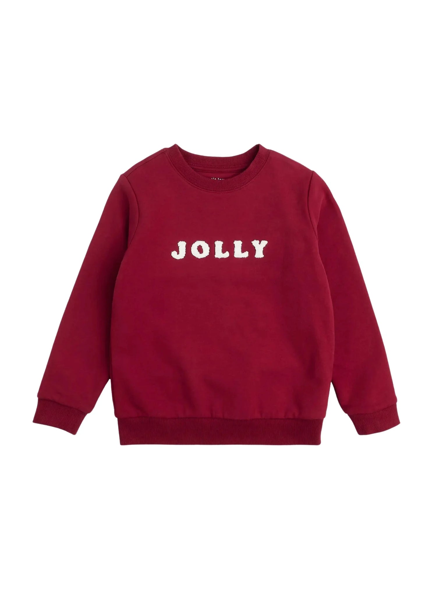 red long sleeve sweatshirt with words "Jolly" in center