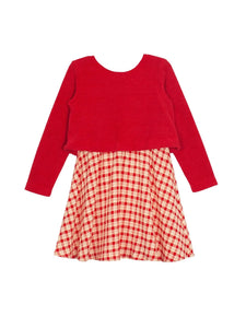 red long sleeve sweater top with bottom plaid skirt