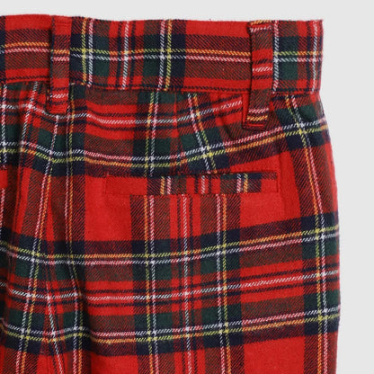 Close-up of a red plaid fabric with a pocket on a gray background
