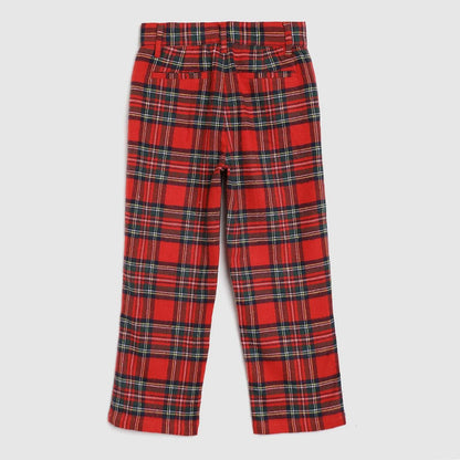 Red plaid pants on a light gray background