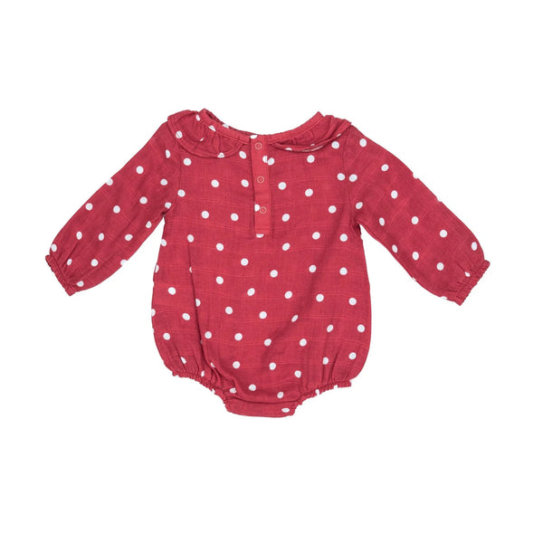 long sleeve onesie red with cream polka dots