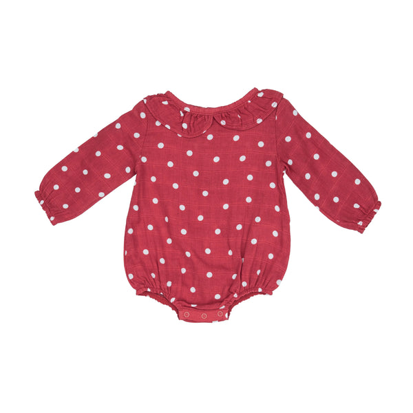 long sleeve onesie red with cream polka dots