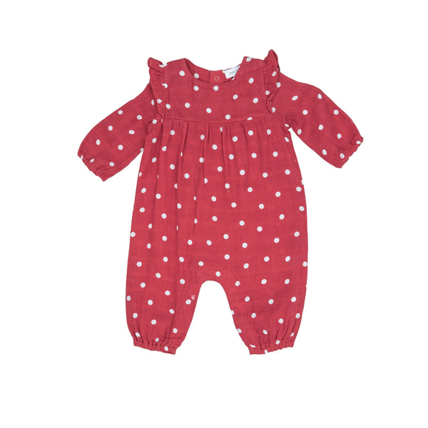 long sleeve red ruffle romper with cream polka dots