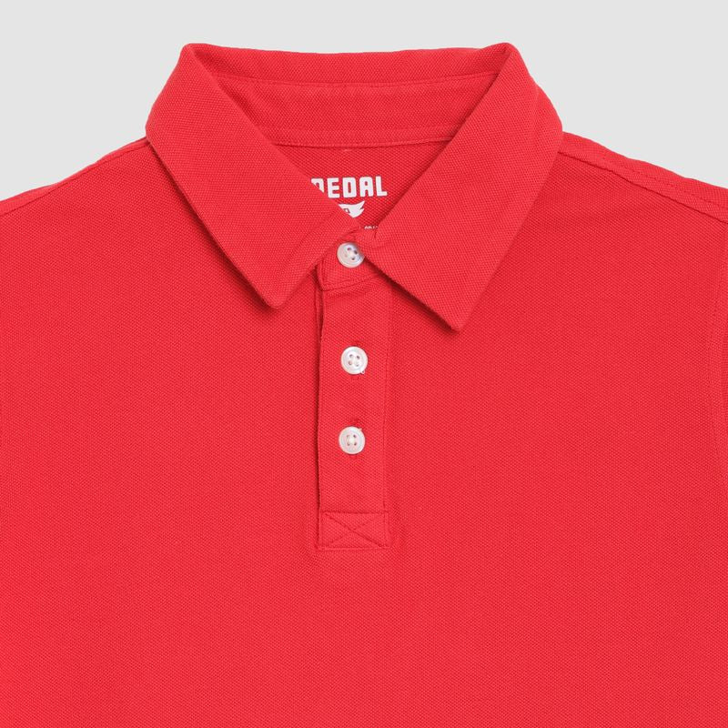 Red polo shirt with a brand logo on a light gray background