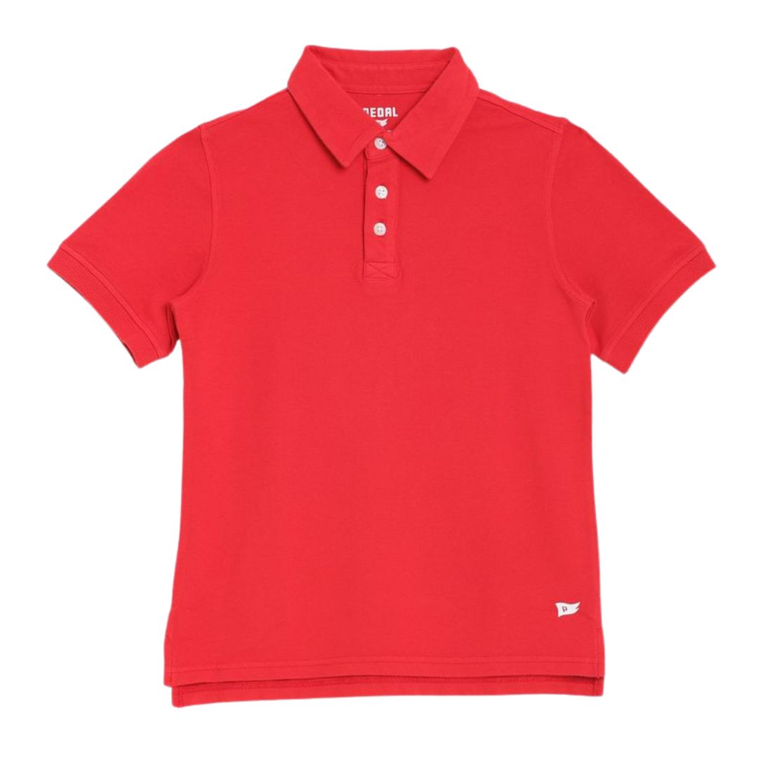 Red polo shirt with a brand logo on a white background