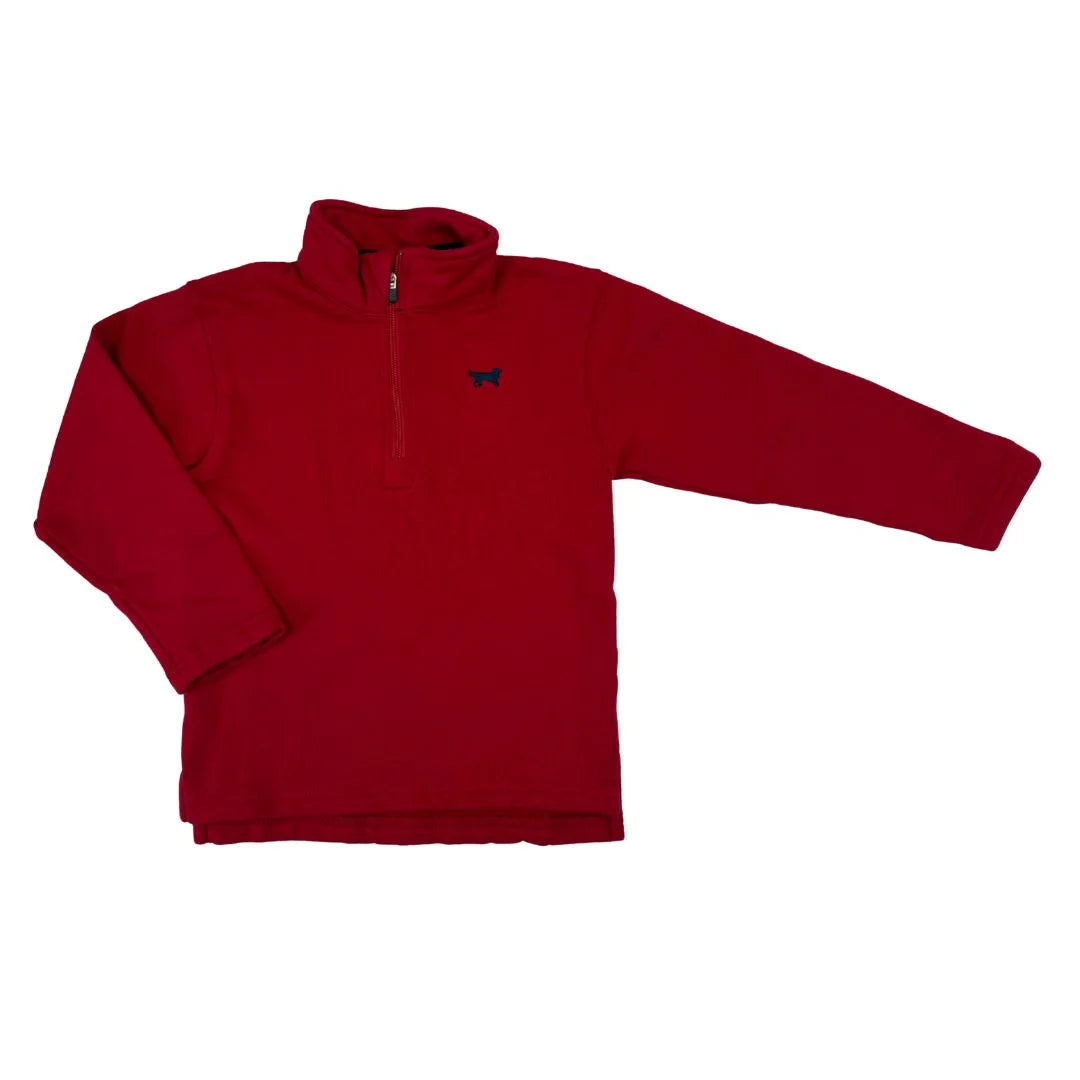 Red fleece pullover with a small logo on a white background