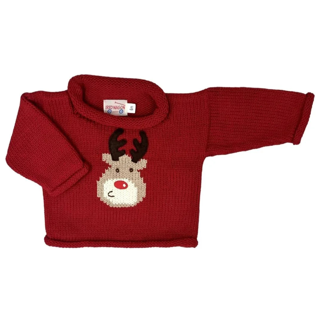 red long sleeve sweater with rudolph reindeer design kids christmas sweater