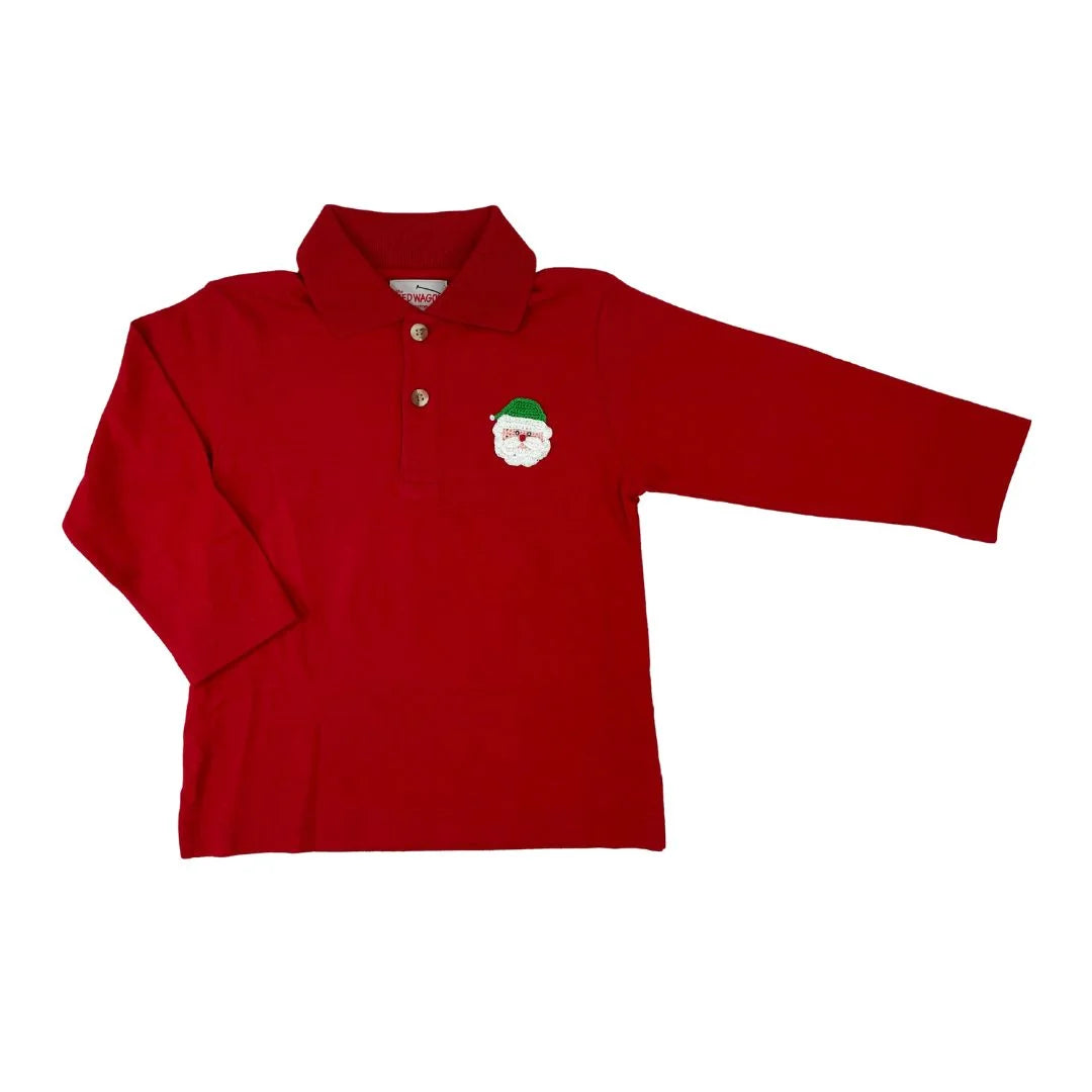 red long sleeve shirt with polo collar with Santa design