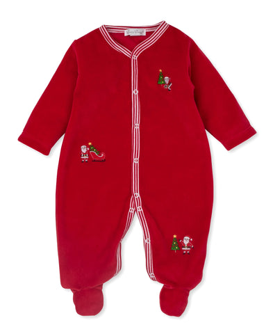 red velour footie with 3 santa designs embroidered and red/white striped trim