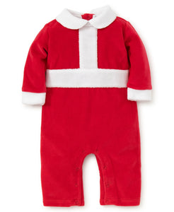 red long sleeve and long pant romper with white trim like a santa suit