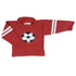 red roll neck sweater with 2 white stripes on each sleeve and black and white soccer ball in center