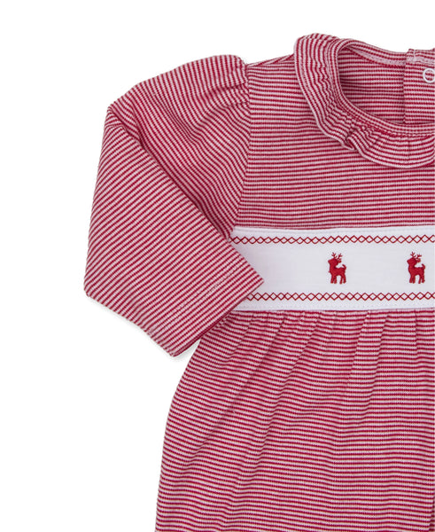 red striped footie with 3 embroidered red reindeers
