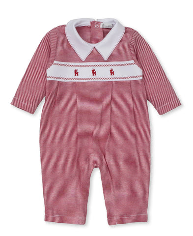 red striped polo playsuit with 3 red embroidered reindeer on front