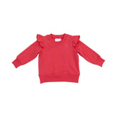 red sweatshirt and red striped leggings
