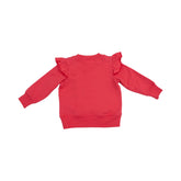 red sweatshirt and red striped leggings