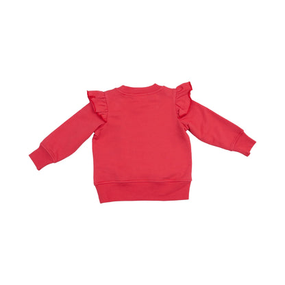 red sweatshirt and red striped leggings