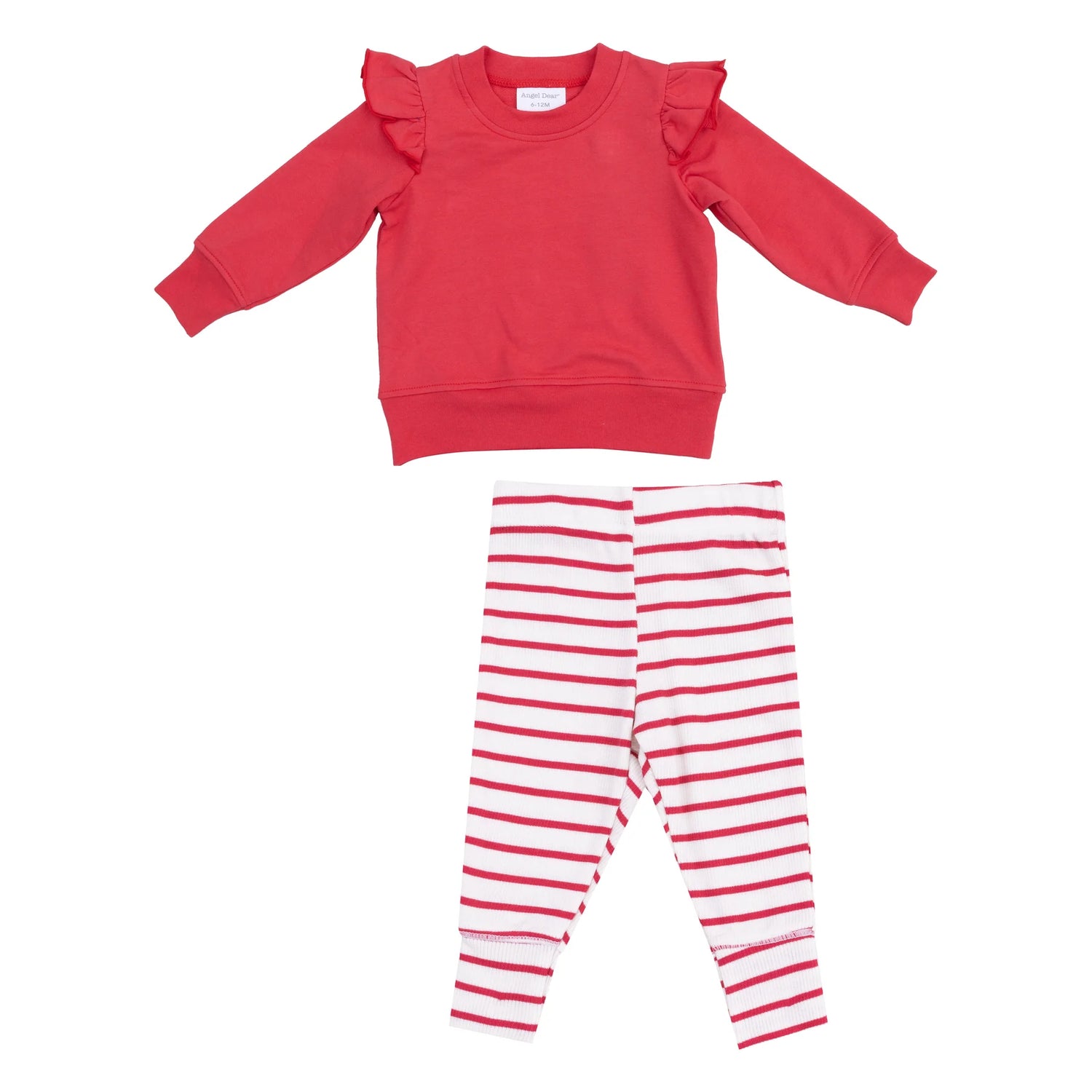red sweatshirt and red striped leggings