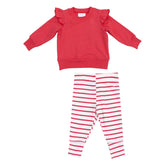 red sweatshirt and red striped leggings
