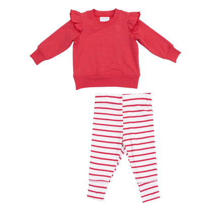 red sweatshirt and red striped leggings