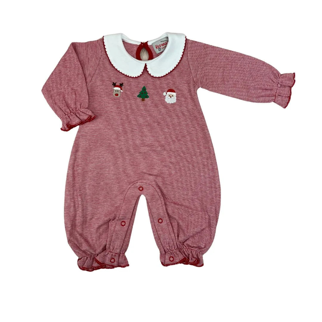 red and white striped baby playsuit with Christmas embroidery