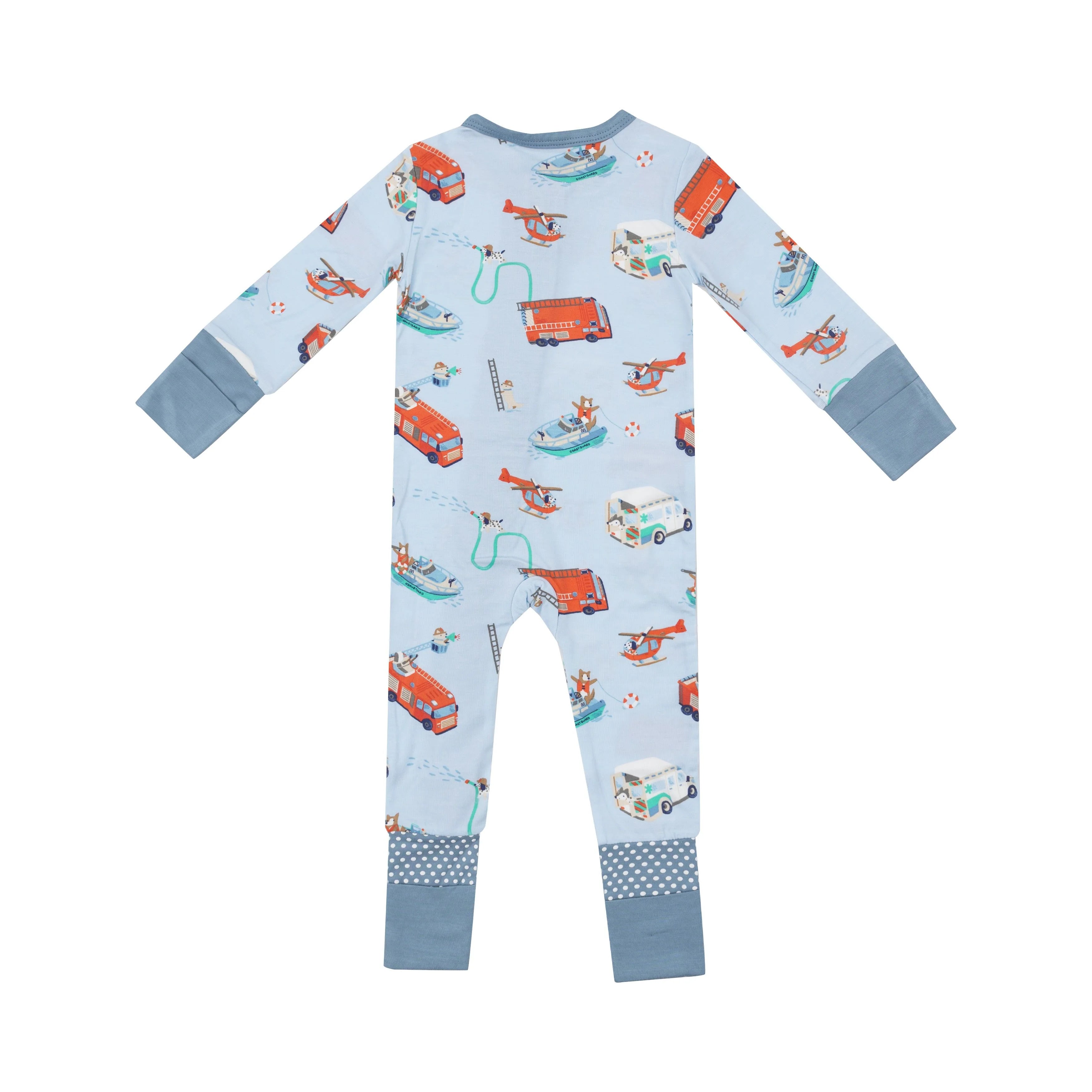 blue romper showing rescue vehicles and dogs inside them