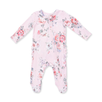 Pink Painterly Rose Bouquets Ruffle Back 2 Way Zipper Footie