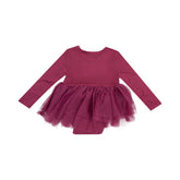 maroon long sleeve bodysuit with tulle skirt