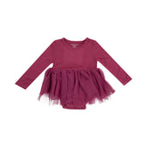 maroon long sleeve bodysuit with tulle skirt