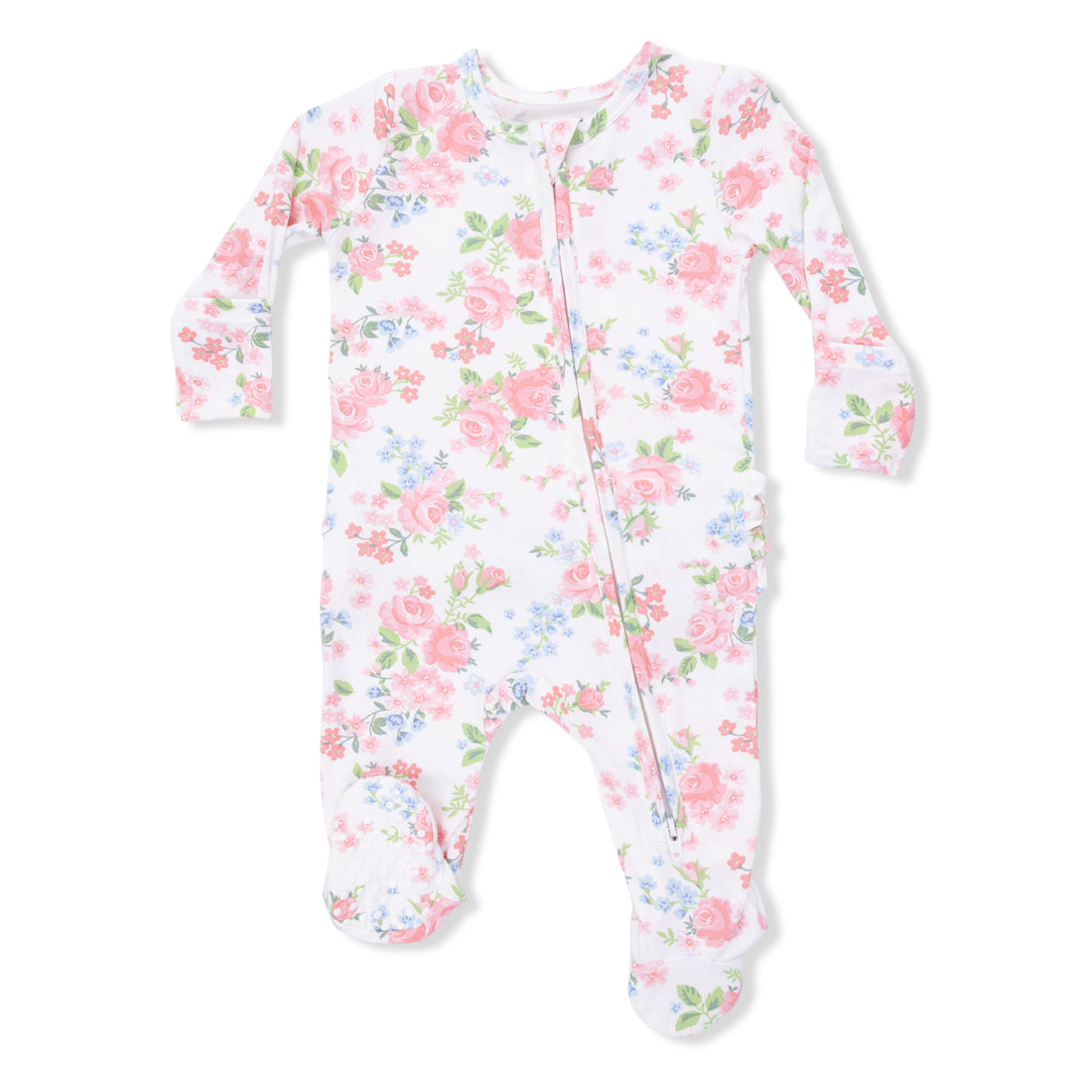 Floral patterned baby onesie on a white background