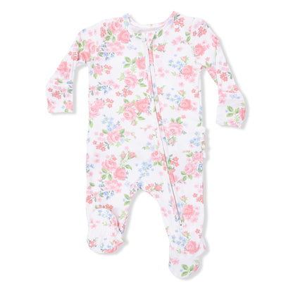 Floral patterned baby onesie on a white background