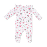 Floral patterned baby onesie on a white background
