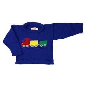 blue long sleeve cotton sweater with red, yellow and green train in the center with grey wheels