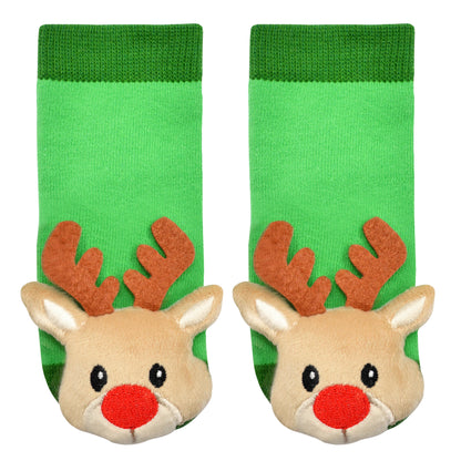 green socks with tan Rudolph reindeer plush on toe