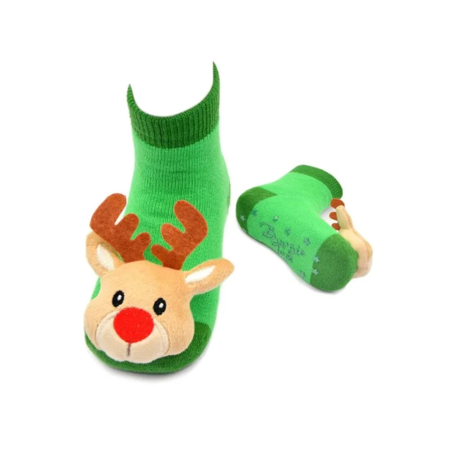 green socks with tan Rudolph reindeer plush on toe