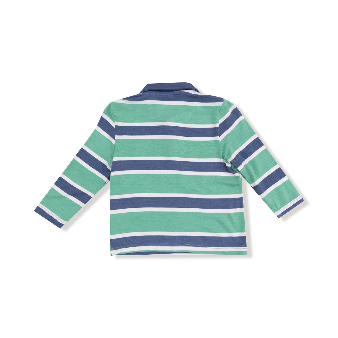 green and navy striped polo shirt