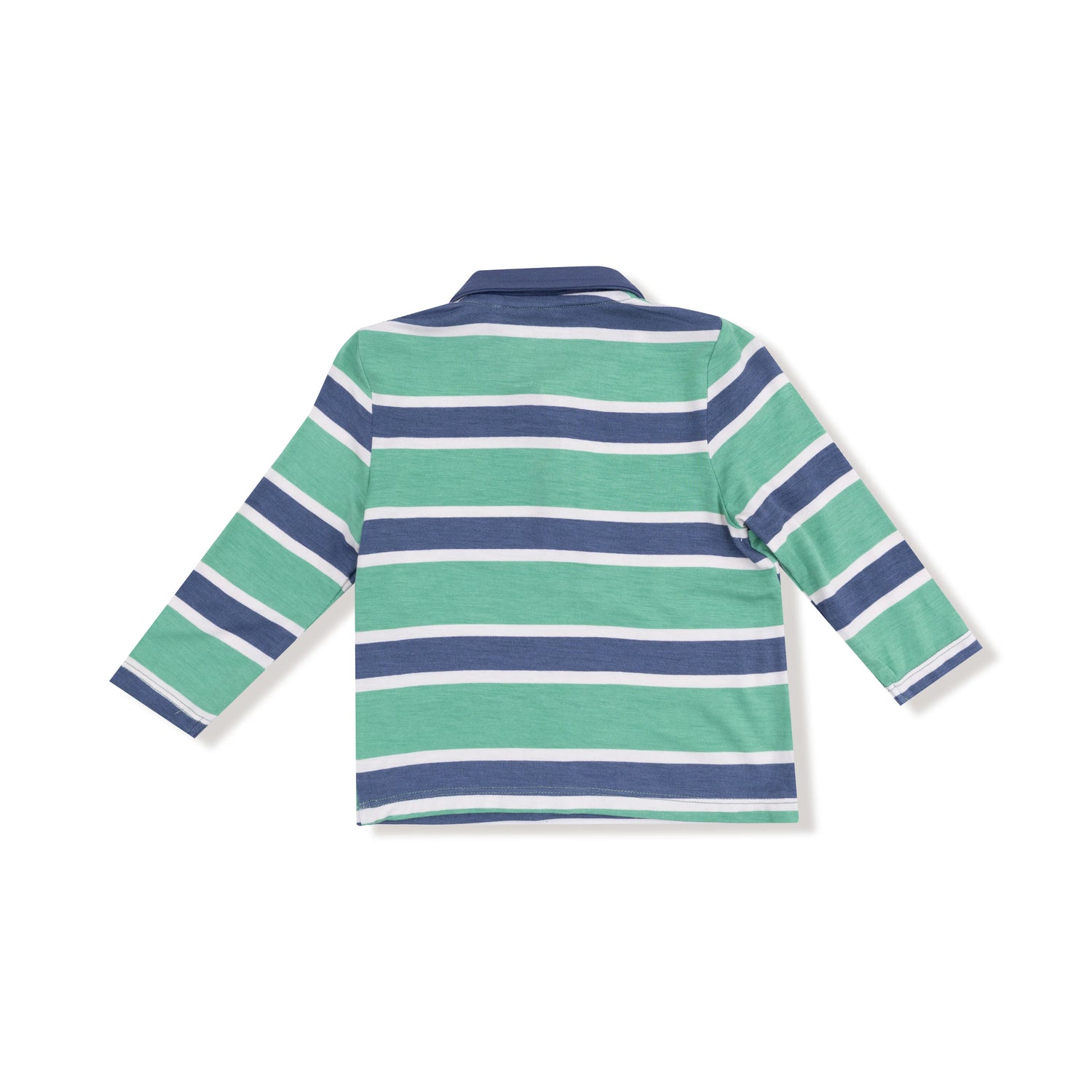 green and navy striped polo shirt