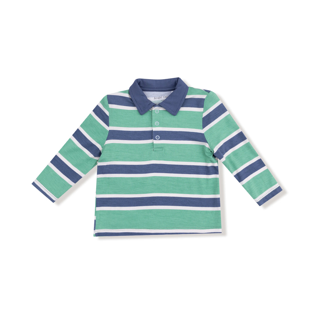 green and navy striped polo shirt