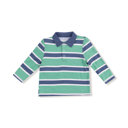 green and navy striped polo shirt