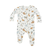 white footie with safari animals all over like zebras, lions, leopards, rhinos, and greenery