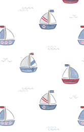 Pattern of sailboats with red and blue details on a white background