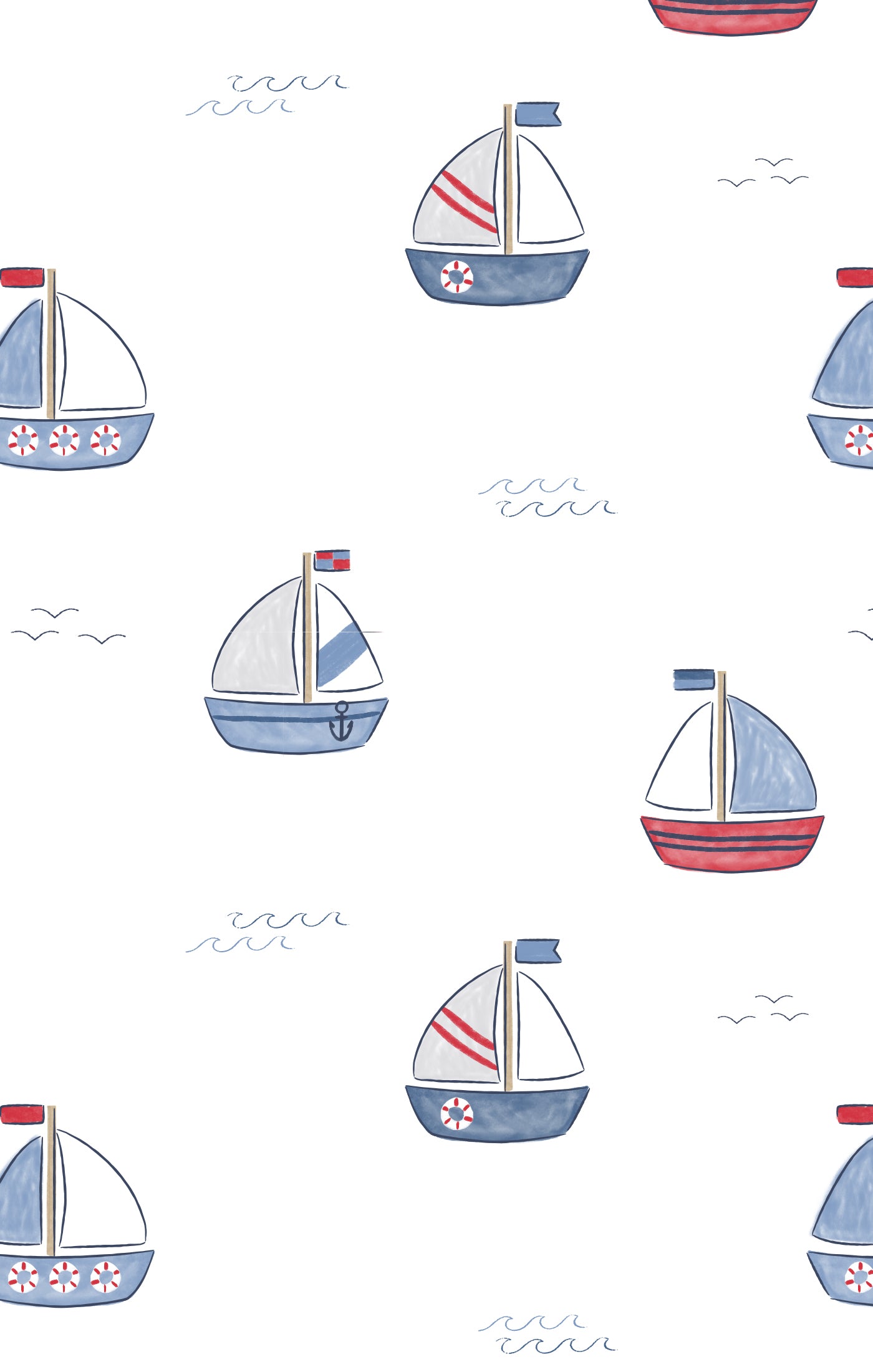 Pattern of sailboats with red and blue details on a white background