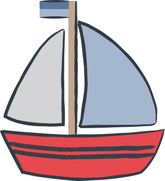Colorful sailboat illustration with red hull, gray sails, and blue flag on a white background