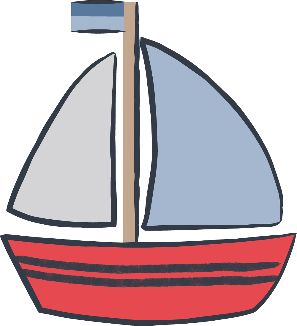 Colorful sailboat illustration with red hull, gray sails, and blue flag on a white background