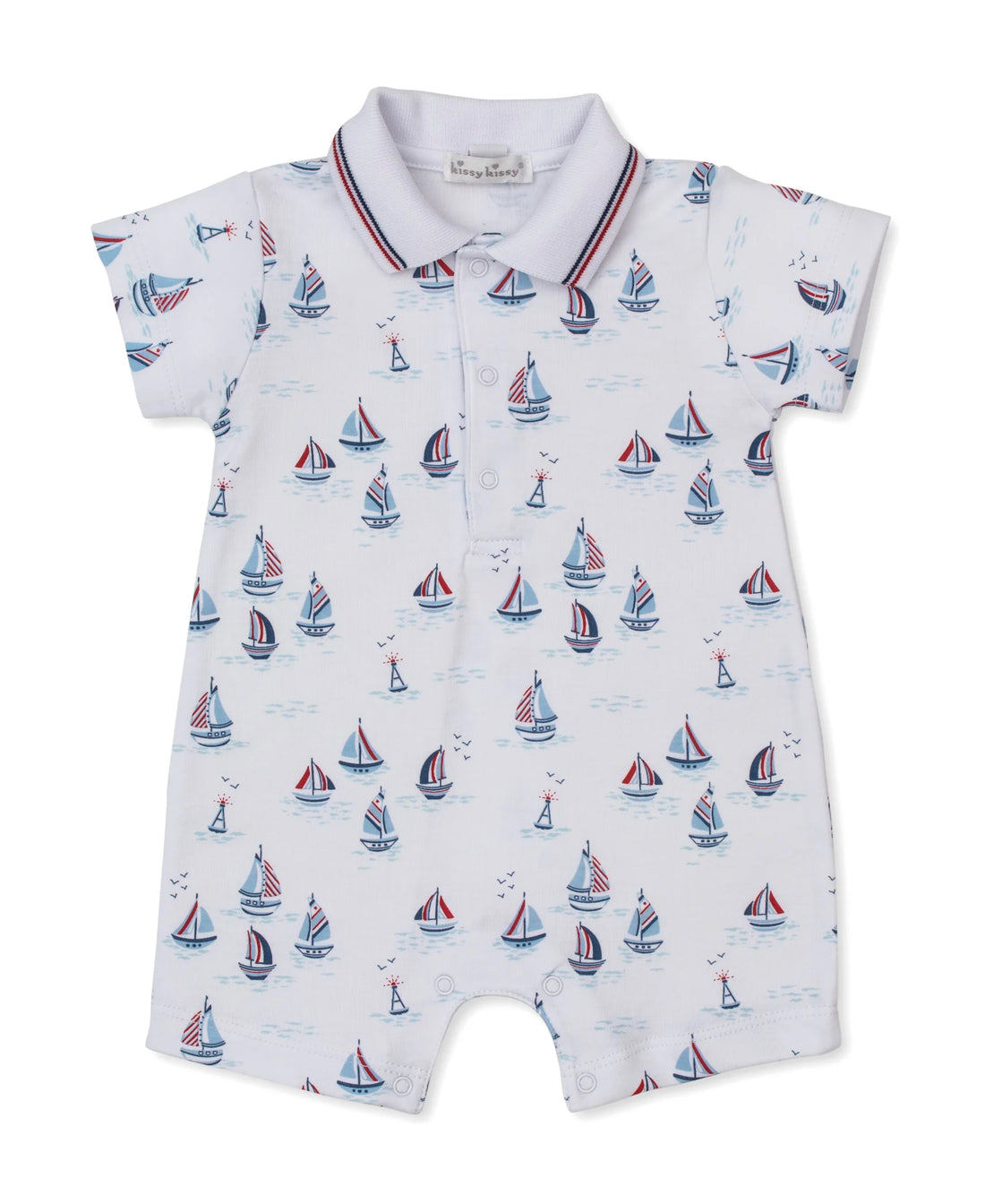 white polo romper with sailboats all over