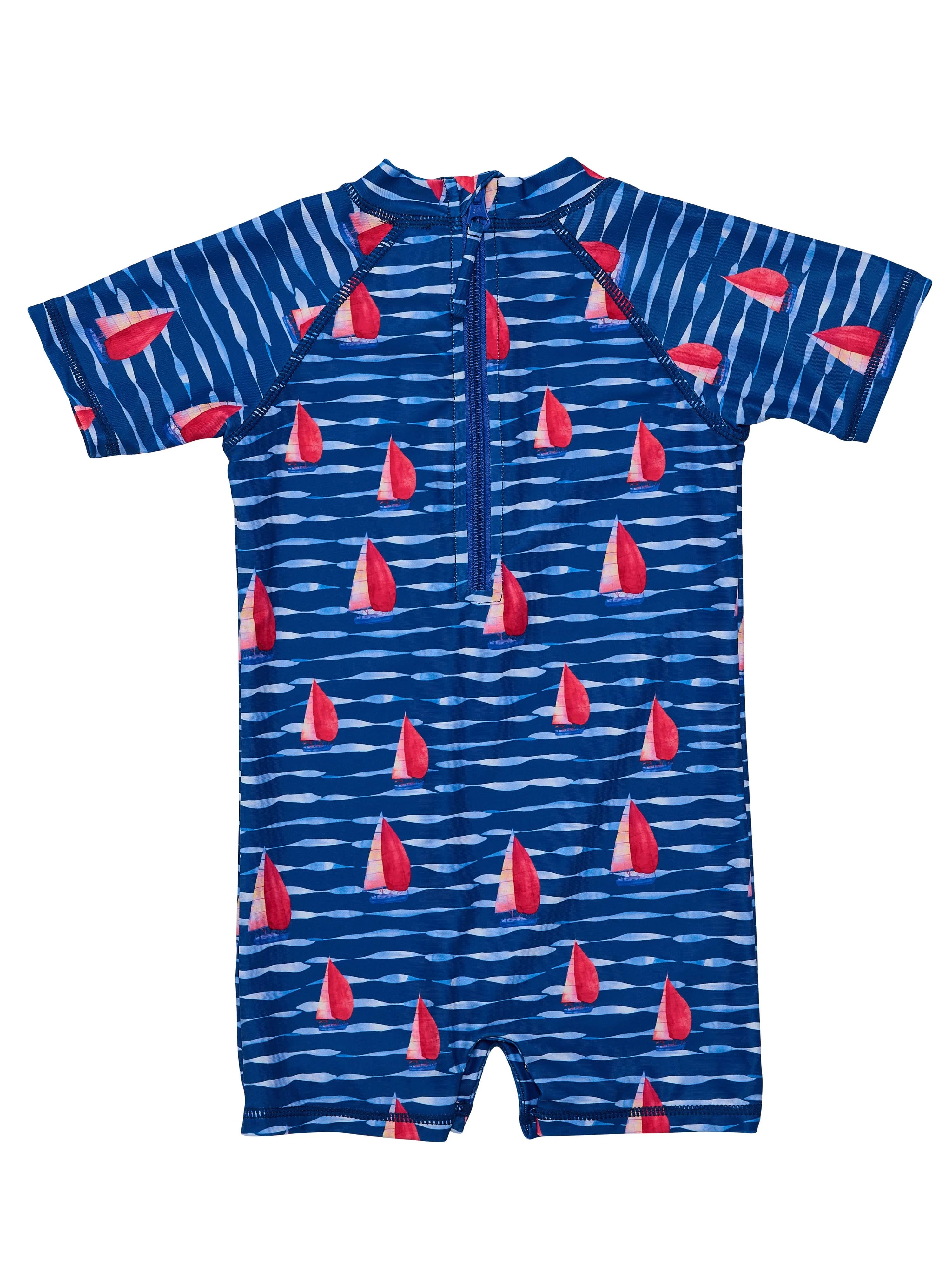 navy and red baby swimsuit with sailboat design