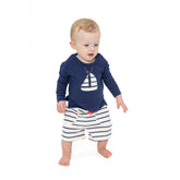 sailboat sweatshirt and striped shorts