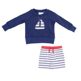 sailboat sweatshirt and striped shorts