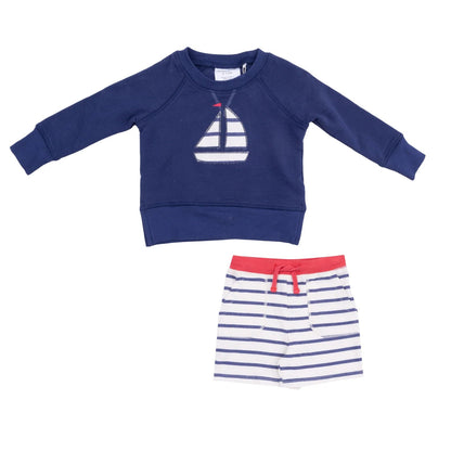 sailboat sweatshirt and striped shorts