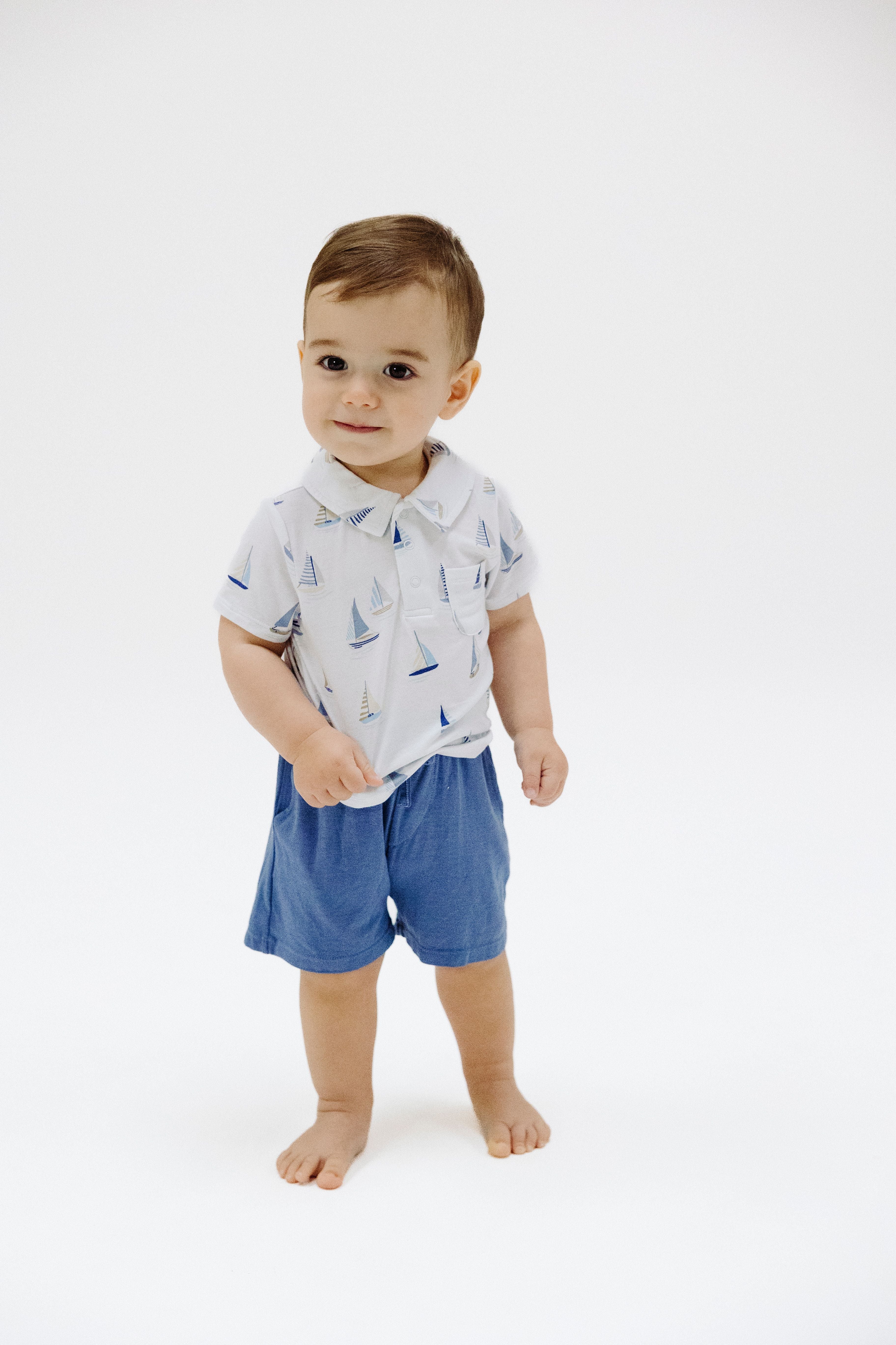 White/Blue Sailboats Polo Shirt &amp; Short 2pc Set